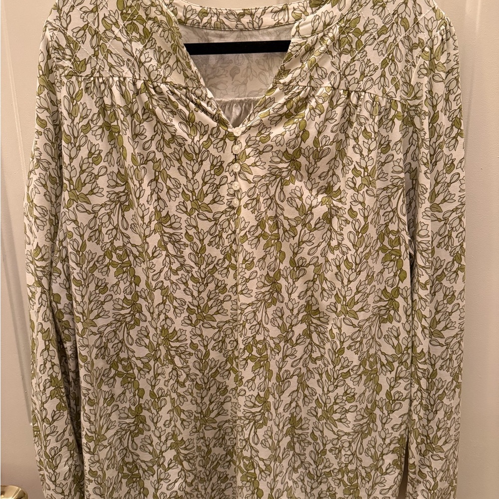 Lands' End White Long Sleeve Top with Olive Leaf Print
